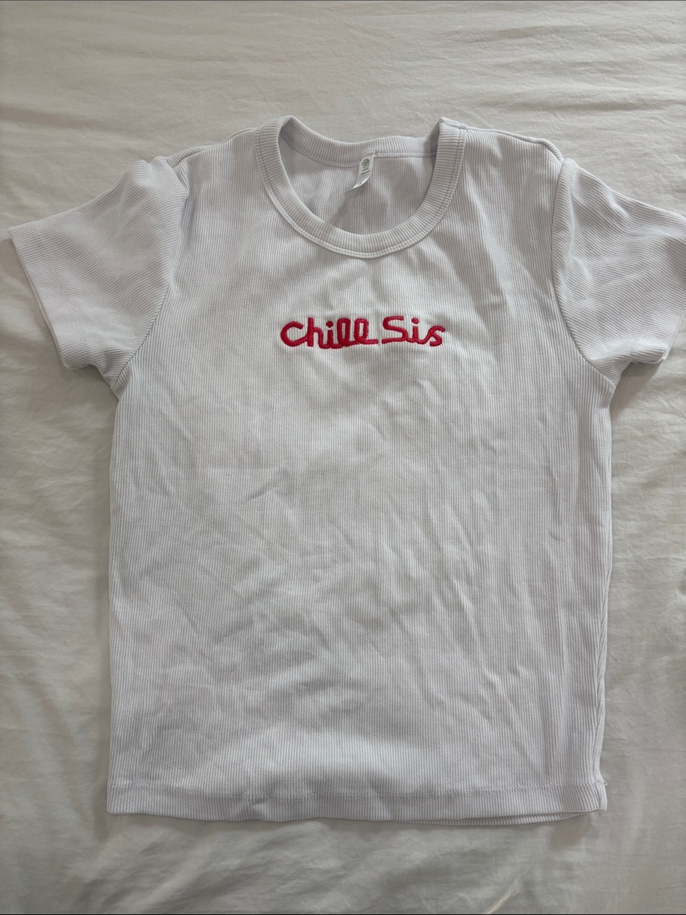 Chill Sis White Ribbed Tee with Red Embroidered Logo